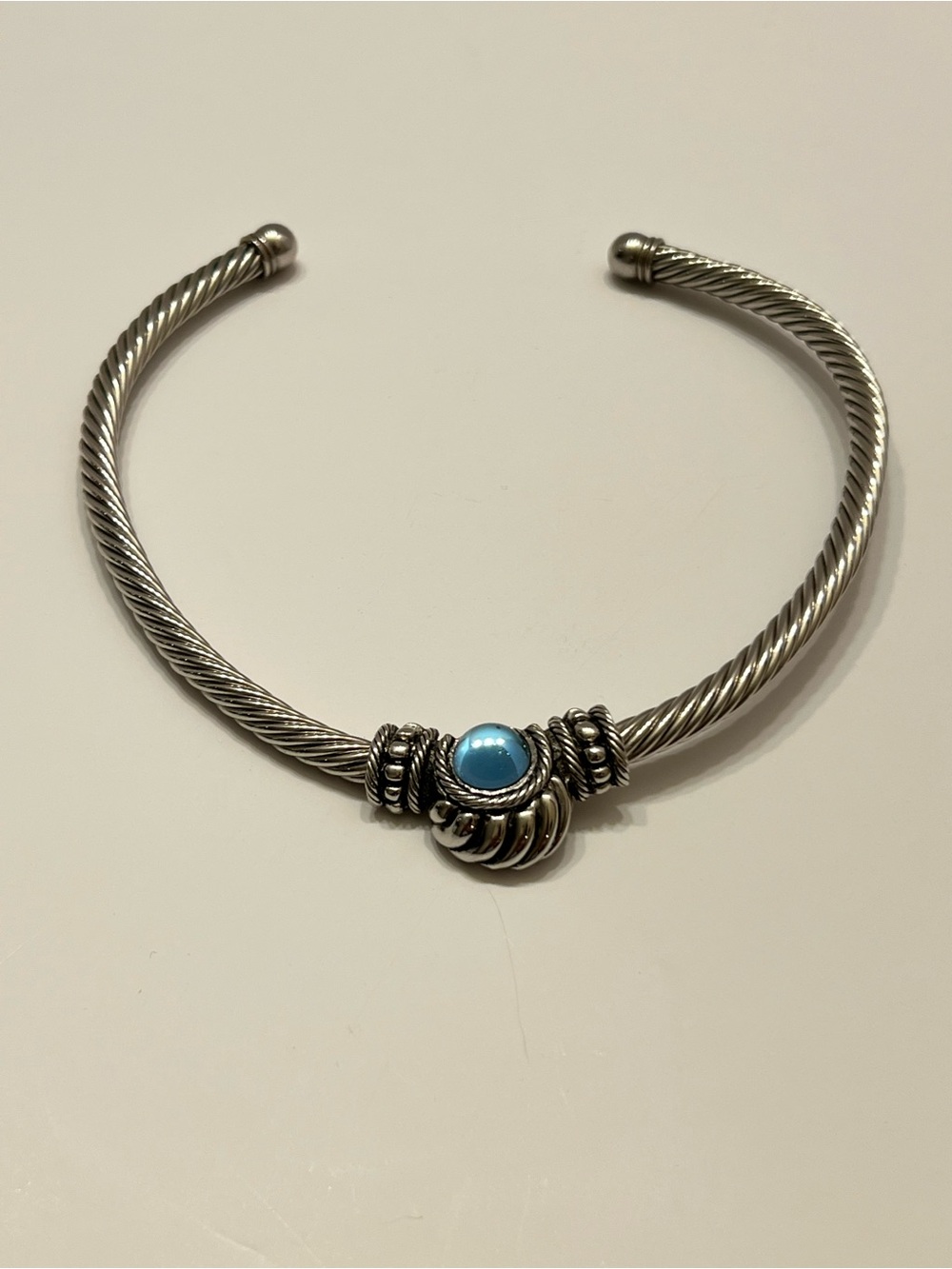 Silver-Tone Twisted Cable Cuff Necklace with Blue Cabochon Accent